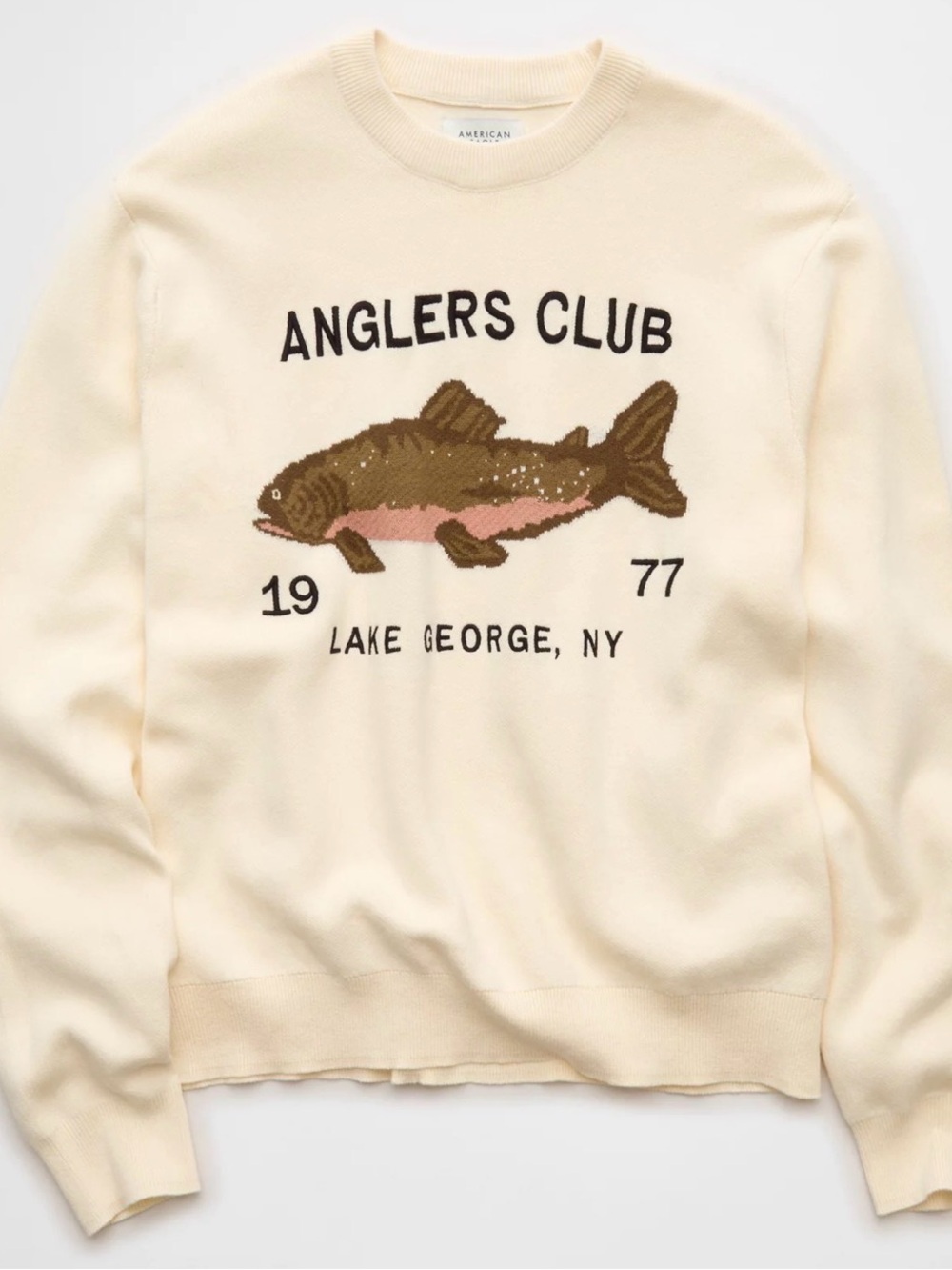 American Eagle Outfitters fish sweater Cream Anglers Club Graphic Crewneck